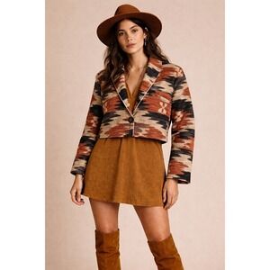 VTG 90s Southwestern Aztec Print Tapestry Blazer Jacket Boho Hand Woven Boxy S